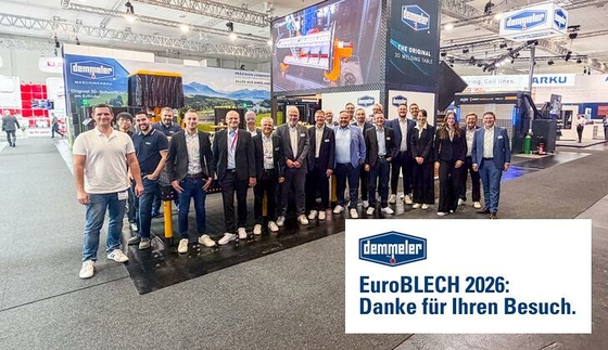 The DEMMELER stand team at EuroBLECH 2026 in front of the stand in Hall 11, with the DEMMELER logo and the words "EuroBLECH 2026: Danke für Ihren Besuch." (Thank you for your visit) in the bottom right corner
